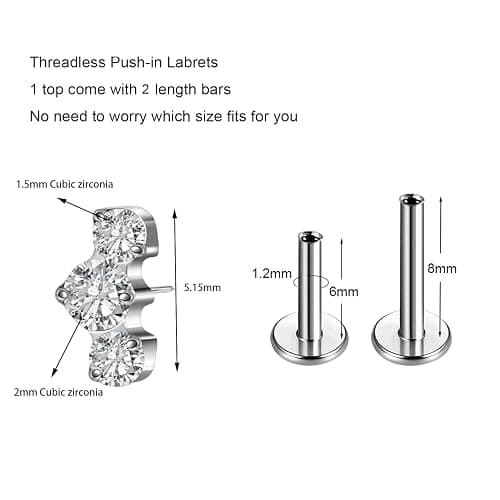 16G Flat back Earring Stud ASTM F136 Titanium 6mm 8mm Push In Fit Threadless Dainty Cartilage Piercing Jewelry for Women for Tragus Helix Rook Conch Lobe Lip thumbnail 2
