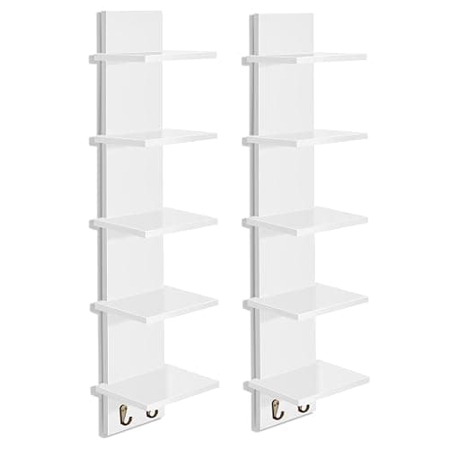 Sorbus 5-Tier Floating Wall Shelf with Hooks, 31 Inch (2 Pack, White) | Vertical five-level utility organization for kitchens, bedrooms and bathrooms; holds towels and mounted essentials. thumbnail 8