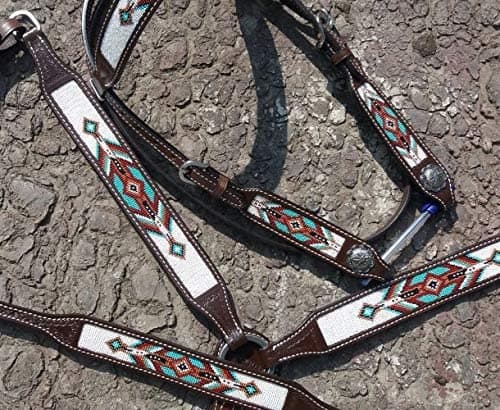 Showman Argentina Cow Leather Headstall & Breast Collar Set w/Teal Navajo Beaded Inlays thumbnail 3