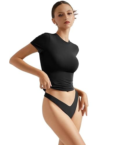 SUUKSESS Women Double Lined Fitted Basic Tee Crew Neck Short Sleeve Y2K Crop Top thumbnail 2