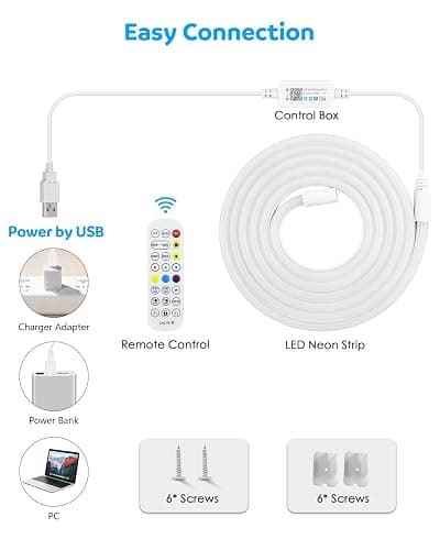 Aclorol RGB+IC LED Neon Strip Lights 2M USB Addressable Rope Strip 5V Dimmable LED Neon Flex Music Sync with App Control Waterproof for Bedroom Indoor Outdoor Gaming Room Bar Party Decoration thumbnail 6
