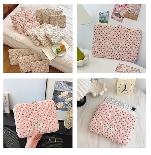 Cute Floral Laptop Sleeve Coquette Quilted Puffy Carrying Tablet Case Fairycore Protective Pouch for Notebook Tablet (Blue Floral,13inch) - Blue Floral - 13inch thumbnail 4