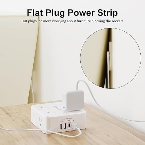 FIVRAE 10Ft Extension Cord with Multiple Outlets, 8 Outlets and 4 USB Ports | 10 Feet Flat Plug Long Cord Surge Protector Power Strip for Home Office, College Dorm Room Essentials, ETL Listed, White thumbnail 4