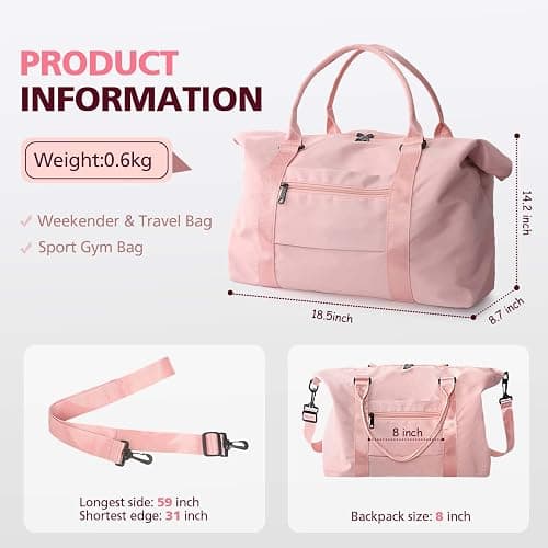 TOPBAG Travel Duffle Bag, Waterproof Weekender Carry On Tote Bags for Women, Sport Gym Bag for Men, Hospital Bag for Labor and Delivery, Overnight Luggage Bag with Trolley Sleeve Coral Pink thumbnail 2