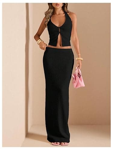 SOLY HUX Women's 2 Piece Evening Party Outfit Elegant Split Hem Halter Crop Top and Maxi Skirt Set thumbnail 5