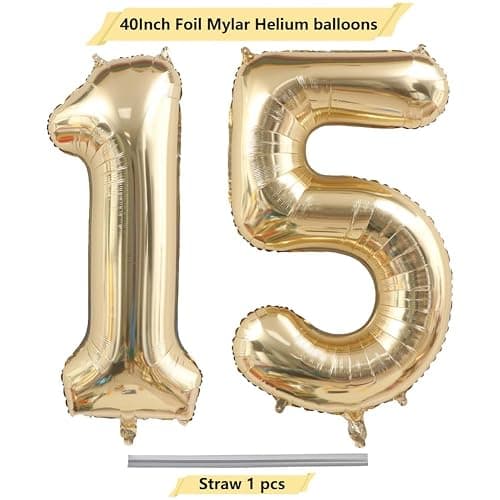 40 Inch Light Gold 15 Number Balloons White Gold Giant 15 Foil Mylar Helium Large Digital Balloon Champagne Gold Birthday Numbers Jumbo Balloons 15th or 51st Anniversary Party Decorations Supplies thumbnail 4