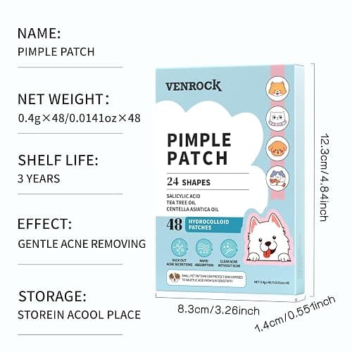 VENROCK Pimple Patches for face,24 Cute Pet Shapes 48 Count Hydrocolloid Acne Treatment for Covering Zits & Blemishes Spot for Kids & Adults, with Salicylic Acid, Tea Tree Oil, Centella Asiatica Oil thumbnail 9