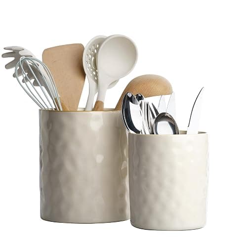 famiware Ocean Utensil Holder, 7.2"+5.8" Ceramic Kitchen Utensil Holder for Countertop, Cooking Utensil Crocks, Utensil Organizer for Spatula & Spoon, Kitchen Decor, Set of 2, Vanilla White - Vanilla White - Image 1