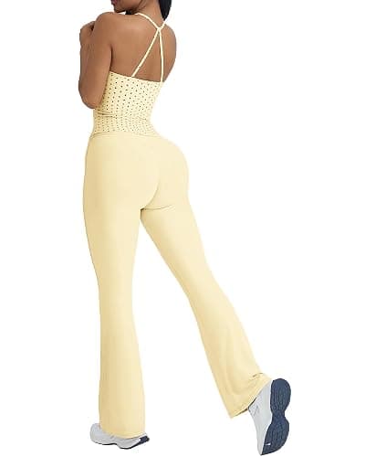 OMKAGI Women's 2 Piece Workout Sets Padded Tank Tops Flare Pilates Outfits | High Waisted Flare Leggings Workout Sets, Cute Strappy Open Back Workout Tops with Built in Bra, Booty Leggings Gym Outfits - Image 1