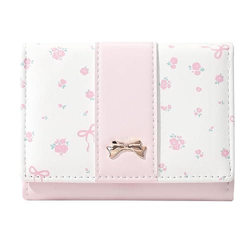 Modacarry Small Wallet Floral Coquette Bow Wallet Cute Wallet ID 7 Credit Card Slots for Women Girls (PINK) - Image 1