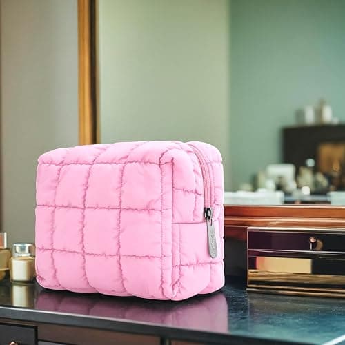 E-Tree Cute Makeup Bag,Quilted Cosmetic Bag for Women,Make up Pouch for Purse,Toiletry Zipper Pouch,Checkered Bag,Travel Case,Storage Pouches for Organization (Pink) thumbnail 9