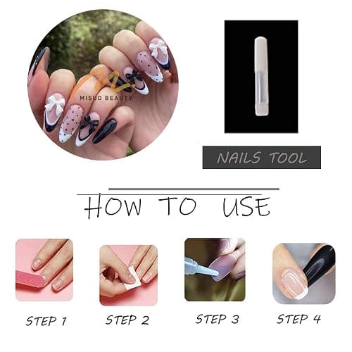 MISUD Press on Nails - Medium Almond Fake Nails with Polka Dot, Acrylic Black White Bow Design 24 pcs thumbnail 4