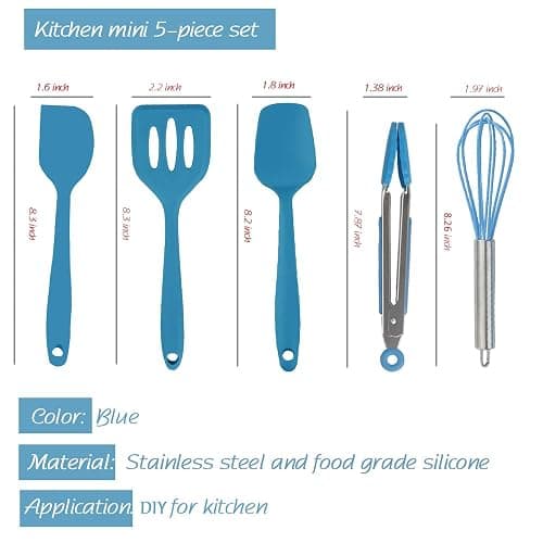 Collfa Mini Kitchen Utensil Set - Five-Piece Set, Tiny Silicone Kids Kitchen Tools - Whisk, Tongs, Spoon, Slotted Spatula - Blue thumbnail 3