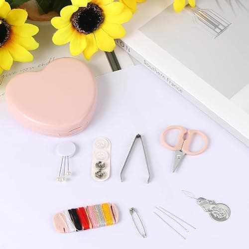 MIDELONG Heart Shaped Portable Travel Sewing Repair Kit - Mini Box with Threads, Scissors, DIY Hand Sewing Needles, Pink thumbnail 6