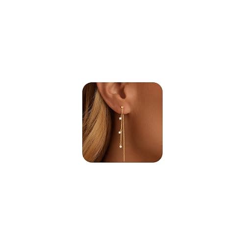NECOCY Gold Dangle Earrings for Women Non Tarnish 14K Gold Plated Drop Wedding Hypallergenic Earring Dainty Long Hanging Chain CZ Pearl Threader Earrings Trendy Silver Plated Jewelry for Women - Image 1