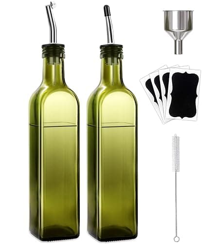Leaflai 2 Pcs Green Glass Olive Oil Dispenser and Vinegar Dispenser Set with 2 Stainless Steel Pourers, 4 Labels, 1 Brush, 1 Funnel (500ml) for Kitchen, Cooking, Salad Dressing, Barbecue, Mixing - Image 1