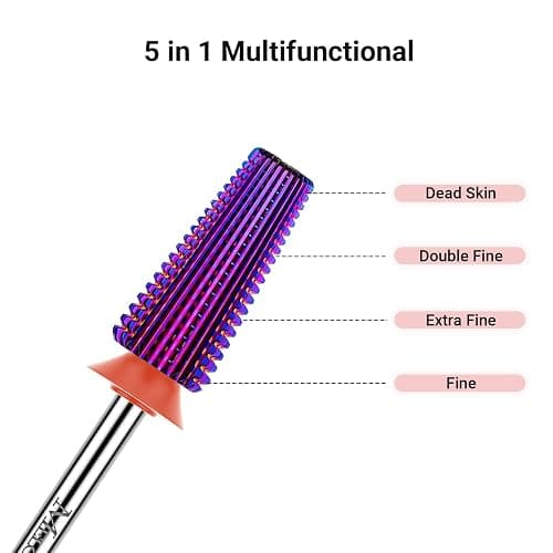 MelodySusie Professional 5 in 1 Nail Drill Bits, 3/32'' Carbide Tungsten Multi-function Bits, Suitable for Manicure Pedicure Cuticle Gel Polishing, Technicians Bits, Purple, Series Bit-M, Fine thumbnail 3