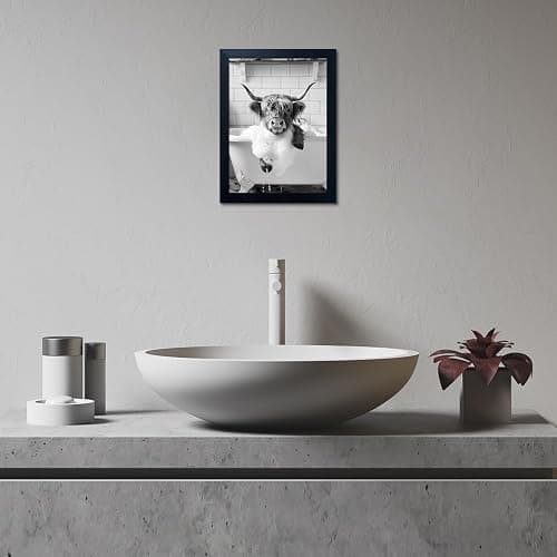 Highland Cow Bathroom Decor, Funny Bathroom Wall Art, Highland Cow in Bathtub Farmhouse Canvas Print, Black and White Cow Pictures Wall Decor, Framed Animal Pint Artworks for Wall thumbnail 9