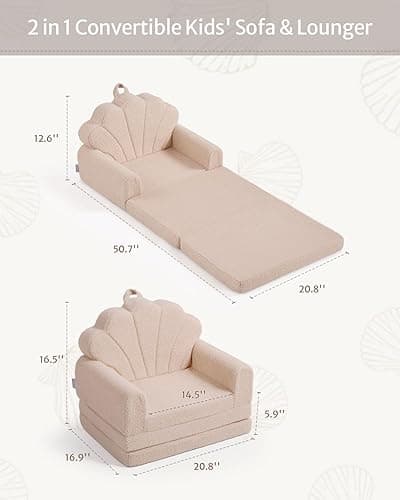 Blissful Diary Kids Couch, 2-in-1 Soft Toddler Couch Fold Out, Toddler Chair Comfy, Convertible Sofa to Lounger, Kids Furniture for Playroom, Gift for Birthday, Children's Day, Beige Shell thumbnail 4