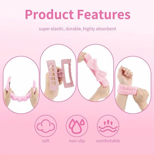 Canitor Spa Headband Wrist Bands Hair Clips Set Skincare Makeup Self Skin Care for Women Washing Face Teens Teenager Tween Clean Girl Gifts Cute Trendy Stuff Things Pink Stocking Stuffers thumbnail 7