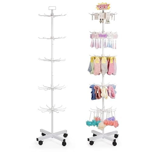 Exttlliy 5-Tier Metal Spinning Display Stand Rack with Wheels, Keychain Jewelry Stocking Hat Display Stand, White - Image 1