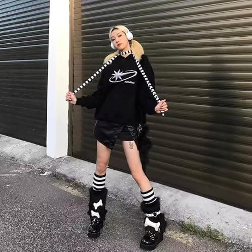 CHERSE Furry Leg Warmers for Women 3in1 Kawaii Star Bone Plush Y2K Leg Socks Pink Lolita Faux Fur 80s Harajuku Punk Gothic thumbnail 6