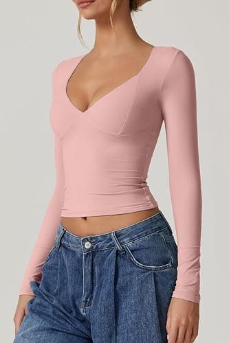 QINSEN Women's Long Sleeve V Neck T Shirts Double Lined Crop Top Seamed Cup Going Out Tops thumbnail 4