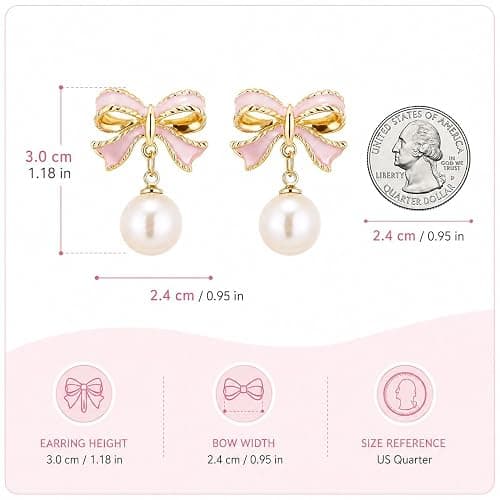 Bow Earrings for Women Trendy Stuff Cute Bow Pearl Drop Dangle Earrings Bowknot Stud Prom Wedding Party Daily Jewelry Accessory Gifts Pink Dress for Women thumbnail 5