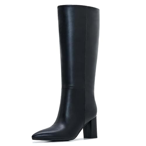 Aizhenzm Wide Calf Knee High Boots For Women Plus Size Side Zipper Leather Chunky Heel Boots Heeled Pointed Toe Tall - Image 1