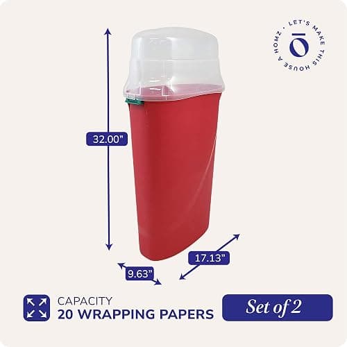 HOMZ 2-Pack Seasonal Holiday, Plastic Vertical Gift Wrap Storage Organizer, Red & Clear - Paper Wrapping Bin Containers for Christmas Gifts and Birthday Presents thumbnail 3