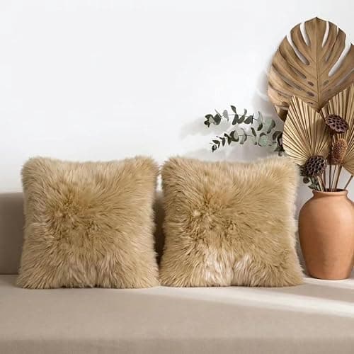 AGFNGE Luxury Soft Fur Sheepskin Fleece Cushion Cover Pillowcase Decorative Throw Pillows Covers, No Pillow Insert, 1pc (Khaki Camel, 18"×18") thumbnail 6