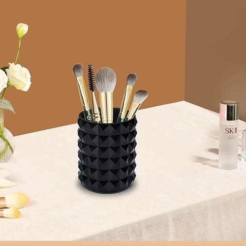 Funtygy Acrylic Makeup Brush Holder Organizer, Black Pencil Pen Holder, Crystal Cosmetics Brushes Cup Storage Solution, Round thumbnail 7