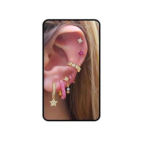 Gold Earring Set, 6Pcs 14K Gold Plated Colorful Stack Cubic Zirconia Pink Heart Dainty Statement Elegant Earrings Copper Nickel Free Hypoallergenic Non Tarnish Jewelry Gift For Women - Image 1