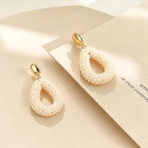 Boho Hängeohrringe für Damen, handgewebte tropfenförmige Reisperlen‑Ohrringe, leichter eleganter Modeschmuck thumbnail 3
