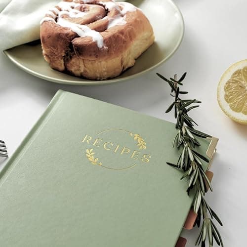 Kikaze Collection Blank Recipe Notebook | Small Blank Recipe Book to Write in Your Own Recipes | Artisan Hardcover Journal for 60 Recipes | 8.4” x 6” Leather Sage Green & Gold Hardcover | Tabs, Stickers, Pocket & Bookmarks thumbnail 2