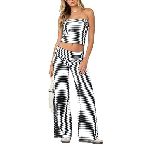 Fenghualzzniya Women Striped Pants Sets 2 Piece Outfits Strapless Tube Tops and Elastic Waist Wide Leg Pants Lounge Set - Image 1