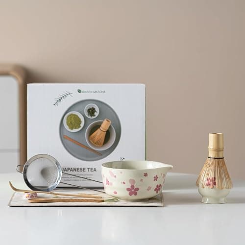 Grnstf Matcha Set 8-Piece Japanese Tea Ceremony Kit with Ceramic Bowl, Bamboo Whisk & Holder, 2 Scoops, Strainer, Tea Cloth - Complete Gift Set for Traditional Brewing(Gradient flower) thumbnail 2