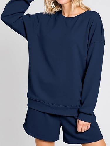 Tankaneo Womens Oversized 2 Piece Outfits Sweatsuit Casual Long Sleeve Crewneck Sweatshirts Sweat Shorts Fall Lounge Sets thumbnail 3