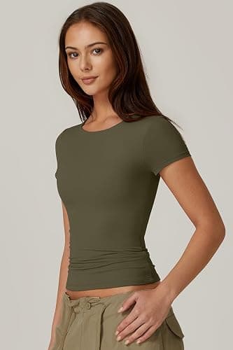 QINSEN Women's Crew Neck Short Sleeve Tees Double Lined Slim Fit T Shirt Basic Y2K Tops thumbnail 4