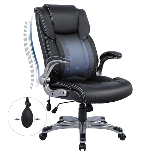 COLAMY High Back Executive Office Chair- Ergonomic Home Computer Desk Leather Chair with Padded Flip-up Arms, Adjustable Tilt Lock, Swivel Rolling Chair for Adult Working Study-Black - Image 1