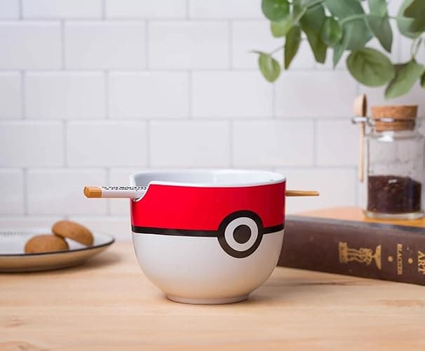 Silver Buffalo Pokemon Pokeball Ceramic Ramen Noodle Bowl with Chopsticks, Microwave Safe, 20 Ounces thumbnail 2