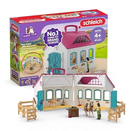 Schleich Horse Club - 60PC Little Horseshoe Open Stable Playset - Easy Carry Set with 2 Horse Figurines, Action Figure, Stable and Accessories - Toy Horses for Girls and Boys - Kids Ages 4+ | 42703 | Set includes hutch, 2 horses, movable girl figure & accessories | great gift for girls and boys | toys from 5 years - Image 1