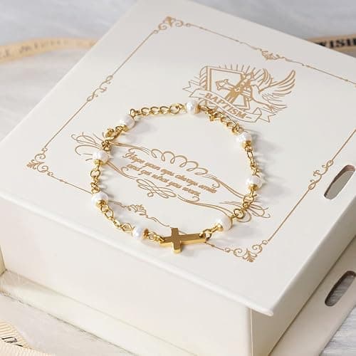 Cafzed Baby Baptism Bracelet with Cross - Baptism Gifts for Girl, Baby Gift for Infant Boys, Toddler Gift Set with Pearl and Poem Card, Christening and Baby Dedication Gifts for Girls with Gift Box thumbnail 2