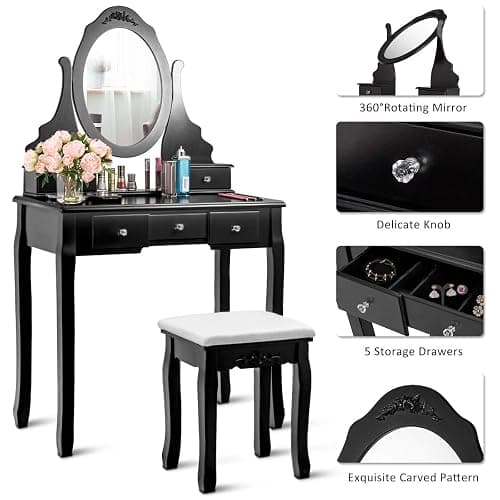 Giantex Vanity Set with Oval Mirror & Cushioned Stool, Makeup Dressing Table Large Storage with 5 Drawers, Mirrored Bedroom Vanities Makeup Table for Kids Girls Women, Easy Assembly (Black) thumbnail 6