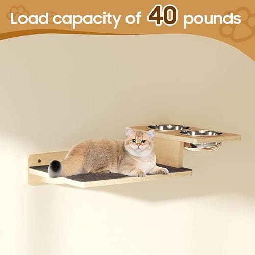 MeowHomm Cat Wall Shelves, Wood Cat Feeding Shelf with 4 Non-Slip Steps, 2 Food Bowls, Wall-Mounted Furniture for Kittens thumbnail 6