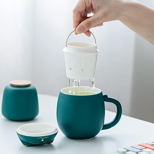 DUANMUL Cat Mug Cute Ceramic Coffee Cup with Infuser and Lid,Filter for Steeping Loose Leaf,kawaii coaster,Novelty Morning Cup Tea Milk Christmas Mug Chinese Handmade Porcelain Teacup(Green） thumbnail 5