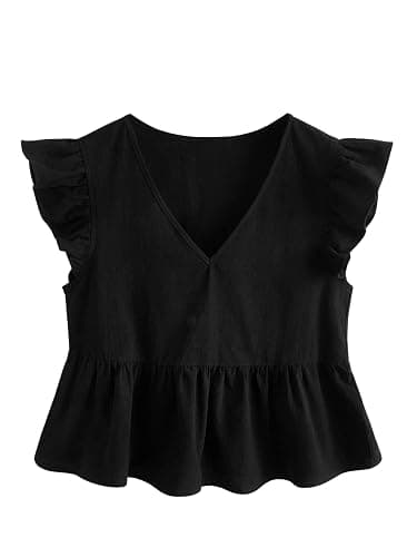 SweatyRocks Women's Cap Butterfly Sleeve V Neck Ruffle Hem Crop Blouse Summer Peplum Top - Image 1
