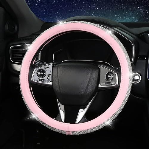 Bling Rhinestone Steering Wheel Cover, Pink Leather Anti-Slip Breathable, Universal Fit 14.5-15 Inch for Women thumbnail 3