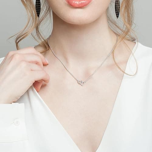Desnuage Tiny Double Heart Necklace Small Sterling Silver Cubic Zirconia Cute Dainty Love Pendant Heart Necklace for Women thumbnail 3