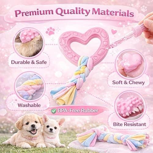 Puppy Chew Toys, 6 Pack Puppy Teething Toys for Small Breed, Soft Rubber Cute Pink Dog Toys, Eco-Friendly, Teeth Cleaning Interactive for Small Dogs (Basket not Included) thumbnail 8